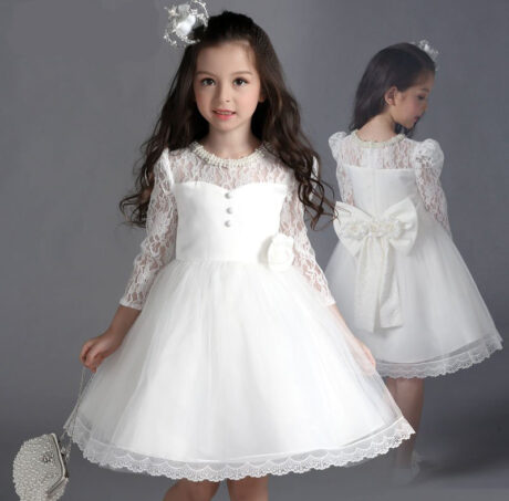 Piękna sukienka okolicznościowa dla dziewczynki biała z rękawkami i ozdobami