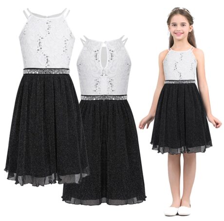 Piękna sukienka okolicznościowa dla dziewczynki długa, biało czarna