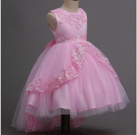Piękna sukienka okolicznościowa dla dziewczynki różowa, koronkowa z ozdobami