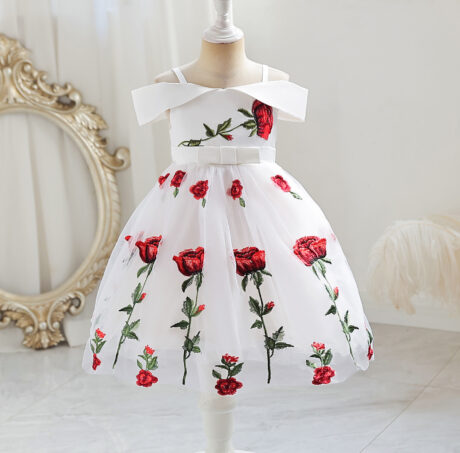 Piękna sukienka dla dziewczynki, druhny biała z czerwonymi różami